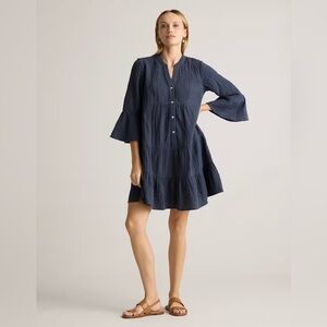 Quince 100% organic cotton gauze dress M blue gray tiered swing dress